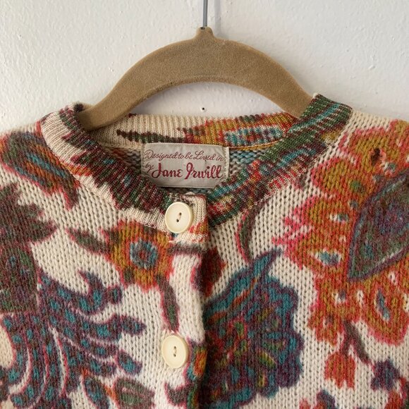 Vtg 50s Jane Irwill Wool Knit Cardigan Brown Floral Granny Cottagecore Sweater - Picture 3 of 8